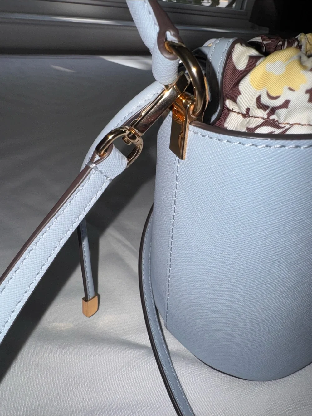 Tory Burch Powder Blue Saffiano Leather Bucket Bag